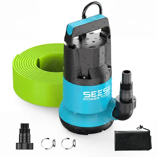 SEESII 1HP Submersible Water Pump, 4755GPH High Flow Sump Pump with 23ft Hose Kit, Anti-Clogging Filter Net for Swimming Pool Hot Tub Pond Basement Rooftop Garden Water Removal toolupgrade