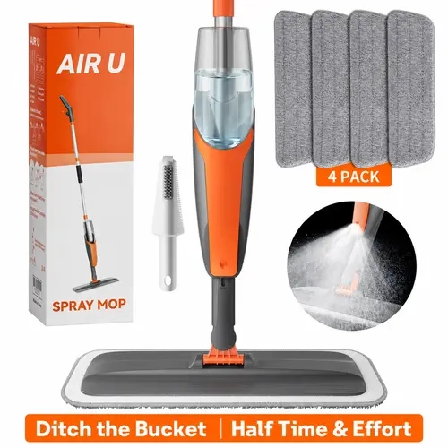 AIR U Handheld Spray Mop - 360° Rotating Head, 1-Handed Operation, 4 Washable Microfiber Pads, 14.2 fl oz Refillable Bottle, 1 Cleaning Scraper, Rust-Proof Pole, Wet Dry Multi-Surface Heavy-Duty Floor Cleaning System (Cleaning Supplies)