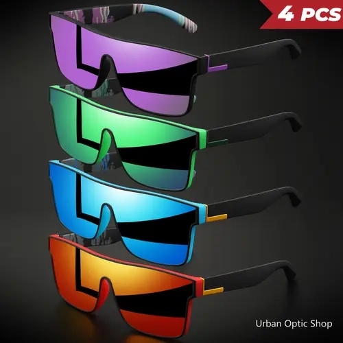 XUH 4PCS Unisex Sport Square Frame Sunglasses - 1-Piece Lens, UV400 Protection, Comfort Fit for Adults Outdoor Daily Use, Sunglasses for Women, Summer Vacation Essentials