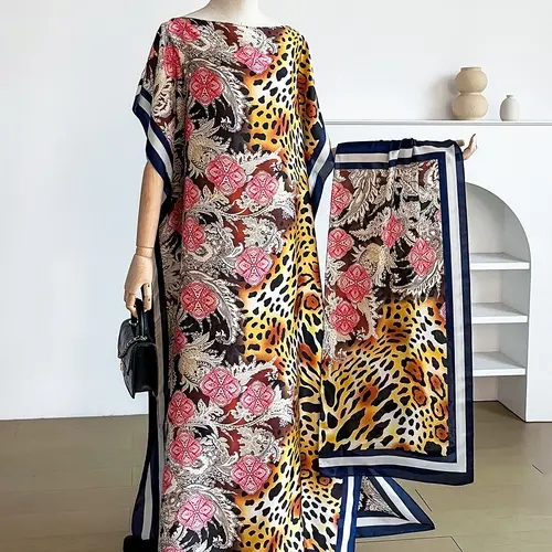 2-Piece Boho Style Set, Elegant Leopard Print Robe & Scarf, Beach Coverup, Sun Protection Silk Scarf, Women's, All Seasons