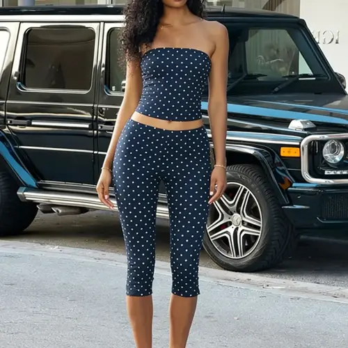 【Black Friday】Women's Polka Dot Pattern Two-Piece Set, Casual Chic Outfit, Strapless Cropped Top & Slim-Fit Capri Pants for Daily Wear, Dates and Outdoor Activities