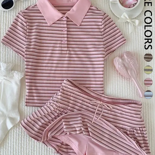 Women's Casual Striped Short Sleeve Polo Shirt and Mini Skirt Set, Valentine's Day, Beach Vacation, Y2K Set, Top And Skirt Set
