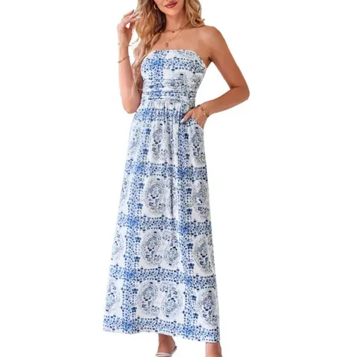 Grace Karin Women's Bohemian Floral Print Strapless Ruched A-Line Maxi Dress, Casual Summer Beach Wear with Pockets, Sleeveless, Women's Clothes