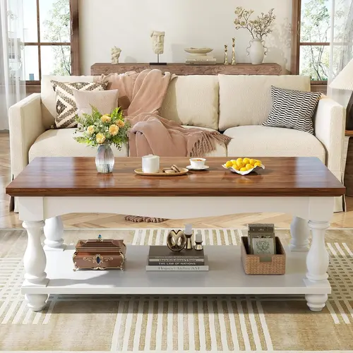 47 in Farmhouse Wooden Coffee Table with Solid Wood Legs - Midcentury Modern Rustic Rectangle Living Room Center Table/TV Stand, Closet Island, Entryway Piece, Easy Assembly