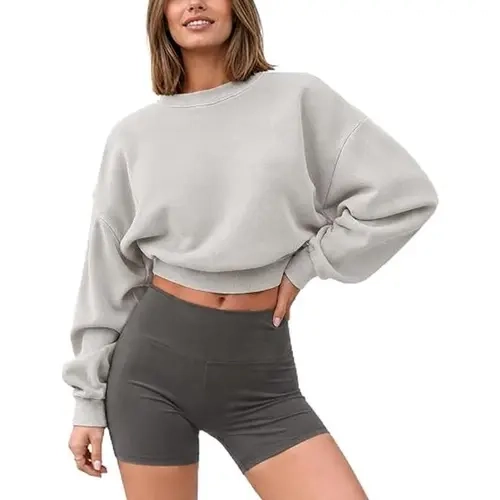 FAIABLE Cropped Sweatshirt for Women Heavyweight Fleece Crewneck Top Vintage Washed Pullover with Soft Brushed Interior Baggy Fit Casual Essential Sweatshirt for Fall Winter Streetwear
