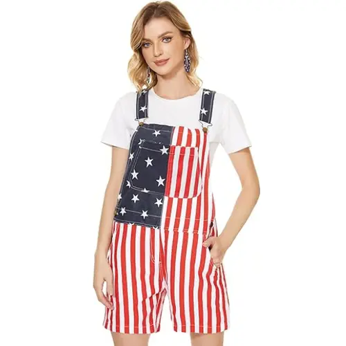Yuanbang Women 250th Anniversary Shorts 4th of July American Flag Overalls USA Stretchy Denim Romper Memorial Day Coveralls Patriotic Gifts for Mom Workwear Summer Jumpsuits Fashion Womenswear Outfits, If You Like More Fitted Look, Recommend Sizing Down