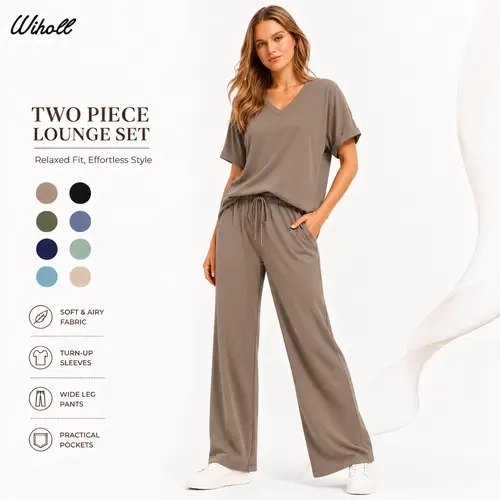 WIHOLL Women's 2-Piece Basic Casual Lounge Set - Oversized V-Neck Top with Turn-Up Sleeves, Soft Wide Leg Pants with Side Pockets, Comfy Fit, Summer Cruise Outfit, Business Casual Option, 1 Set Many Outfit Ideas