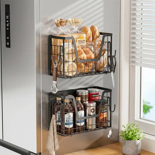 San Dream Strong Magnetic Shelf for Fridge Fruit Potato & Onion Storage Bins Magnetic Baskets for Fridge Shelves Side of Fridge Storage Magnetic Spice Rack for Refrigerator Kitchen Laundry Organizer 1&2 PCS