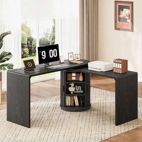 【FallDealsForYou】ONBRILL 60-Inch L-Shaped Desk with Power Outlets - 360° Rotating Swivel Corner Desk with Storage, Fluted Home Office/Study Room Computer Workstation