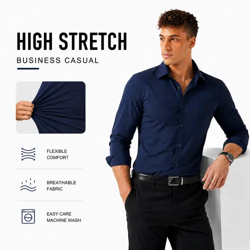 AMZPURE Men's Nylon Button-Down Dress Shirt - 16-Way Stretch, Slim Fit, Body-Hugging Binding, Breathable Cool, Quick Dry Fabric, Wrinkle-Free Long Sleeve, Business Casual Work Top for Travel