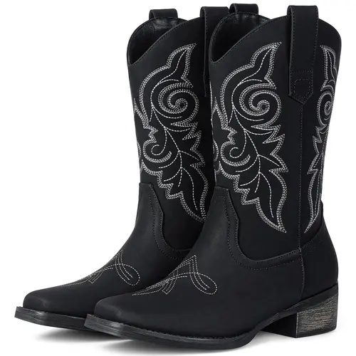 Women's Western Embroidered Cowboy Boots - Footwear with Mid-Calf Height, Square Toe, Faux Leather PU Upper, Block Heel, Cushioned Insole, Breathable, Casual Cowboy Aesthetic, All Seasons Jeans-to-Dress Fit for Rodeo, Daily Wear | New Arrivals