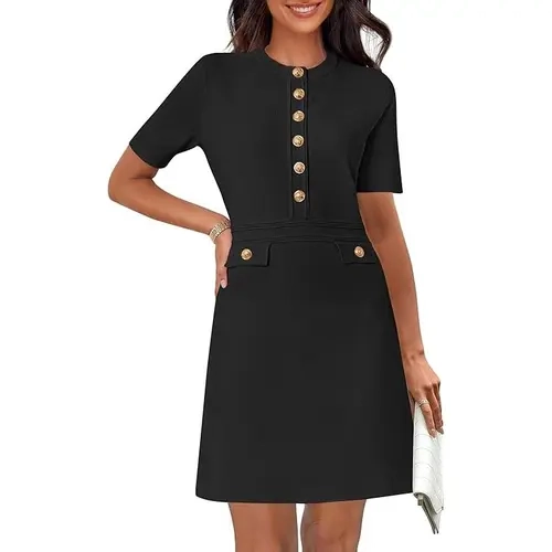 MEROKEETY Women's Short-Sleeve Button-Down Crew Neck Bodycon Knit Sweater Dress - Elegant Women's Clothing, Business Casual Work Office Wear, Going Out Bridal Shower Outfit, Fake Pockets, Do Not Bleach