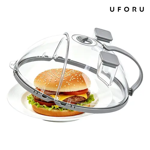 UFORU Upgraded 10-Inch Vented Microwave Splatter Cover Utensil - 2-in-1 Moisture Food Dome with 2 Steam Reservoirs, Cool-Touch Sturdy Lightweight Handle, Folds to 90° for Easy Cabinet Storage, Hanging Dustproof Kitchen Gadget for Steak, Quick Rinse