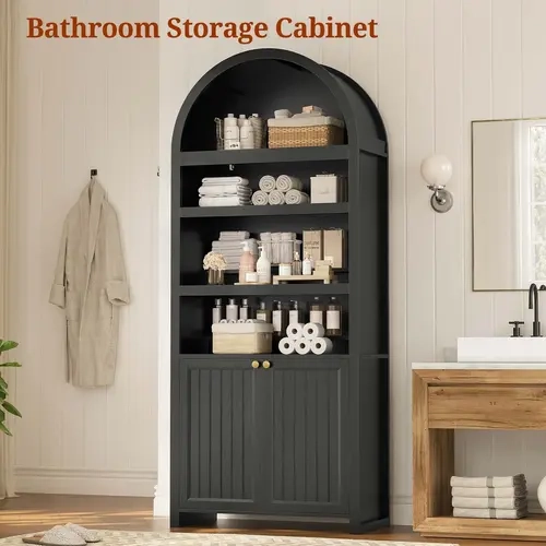 Sikaic 6-Tier Mid-Century 81" Tall Arched Engineered Wood Bookcase - Softclose Door, Silent Operation, Anti-Tipping, 15.7" Deep Reach, Bathroom Storage Cabinet, Room Decor, Book Organization, Living Room Storage