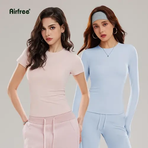 airfree Women's 2-Pack Slim Fit Plain Crew Neck Athletic T-Shirts - High-Stretch Move Nylon, Non-See-Through, Quick-Dry Activewear, Minimalist Modern Vibe, From Studio to Gym Easy Top for Yoga/Workout