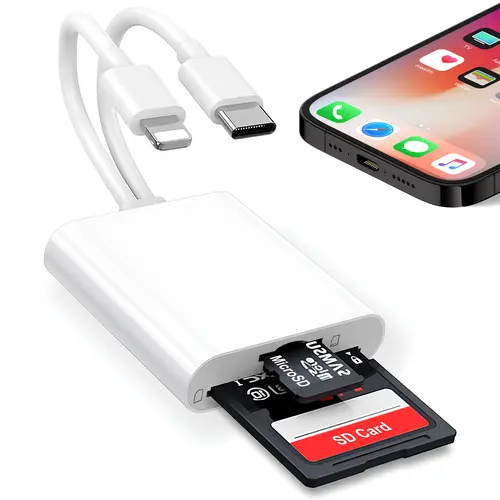 2-in-1 SD Card Reader for iPhone & USB-C Devices, Lightning & Type-C Dual Slot SD/Micro SD Adapter, Plug & Play Memory Card Reader for iPhone, iPad, MacBook, Camera Data Transfer