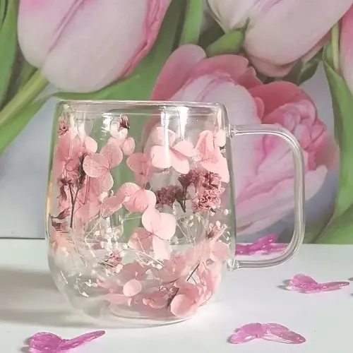 Double Layer Glass Coffee Cup, Petal Design, Aesthetic, Ideal for Coffee Milk Beverages, Hand Wash Only, Perfect Holiday Gift, Drinkware, Coffee Glass Cups