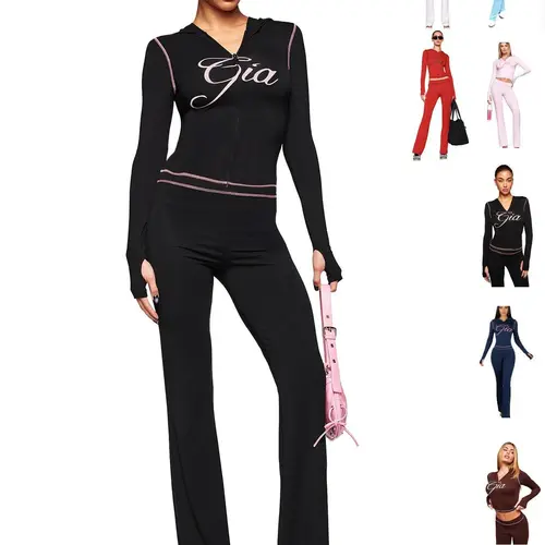 Women's Fall Set, Patterned Zipper Hoodie and Pants, Long Sleeve Sporty Two-Piece, Nightclub Fashion, Casual Fitted Suit, Stylish Casual Tracksuit
