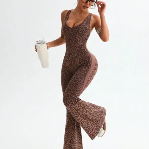 Women's Leopard Print Yoga Jumpsuit, Criss Cross & Backless Design, Casual Fashion Slim-Fit Jumpsuit for All Seasons, Summer Jumpsuits, Sleeveless Sporty Jumpsuit, Comfortable Wear for Home and Daily Wear, Sports Jumpsuit, Yoga Workout Jumpsuits