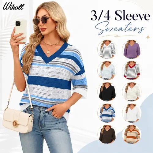 WIHOLL Women's Oversized Colorblock Crochet V-Neck 3/4 Sleeve Polyester-Viscose-Nylon Lacy Knit Sweater, Cute Casual Feminine Top for Spring-Summer Trendy Warmer Outfits