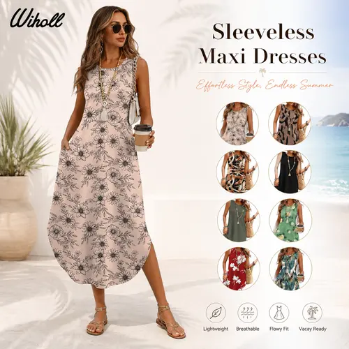 WIHOLL Women's 2026 Aloha Style Elegant Rayon-Polyester Mix Breathable Drape Quick-Dry Sleeveless Crew Neck Fit Casual Maxi Sundress with Pockets, Side Slit - S-XXXL, Cold Wash, No Hang Dry, for Beach Vacation, Going Out, Apricot Floral