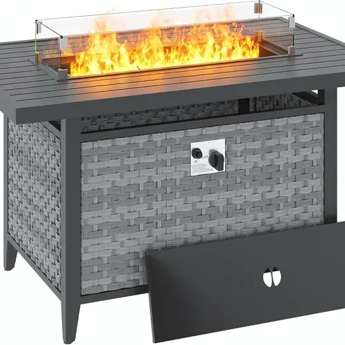 MAISON BACKYARDS 43-Inch Outdoor Rattan Frame Propane Fire Pit Set, 55000 BTU CSA-304 Steel Outdoor Fire Pit with Wind-Guard Glass, Waterproof Cover, Easy-Hook Lid, Lava Rocks for Patio, Deck (Separate Ship) | Modern Home Decor