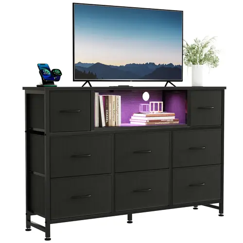 Sweetcrispy Modern LED Wood TV Stand Dresser - 47.2" Wide Top Home Furniture, 8 Fabric Drawers, Power Outlet, USB & 1 Type-C Port Charging Station, 60000-Color App/Remote Glow LED Lights Living Room Storage Console Cart