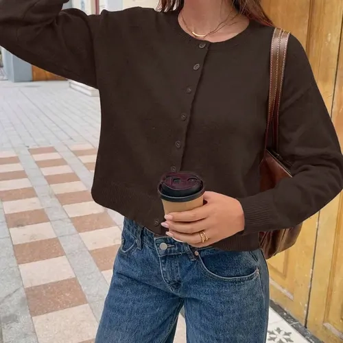 Women's Solid Color Button Front Round Neck Long Sleeve Basic Casual Knit Cardigan Sweater, Aesthetic Casual Knitwear, Comfortable and Stylish Pullover for Daily Wear