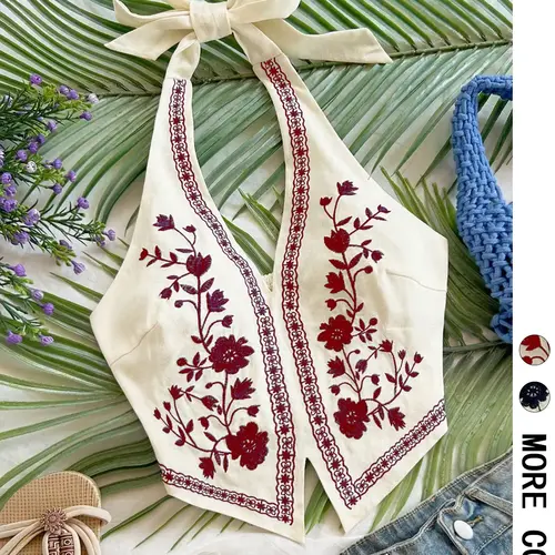 Vacation Style Embroidered Floral Tank Top, Boho Sleeveless Backless Slim-Fitting V Neck Crop Top for Dates, Beach, and Music Festivals, Cropped Sleeveless Vest, Sleeveless Tank Tops