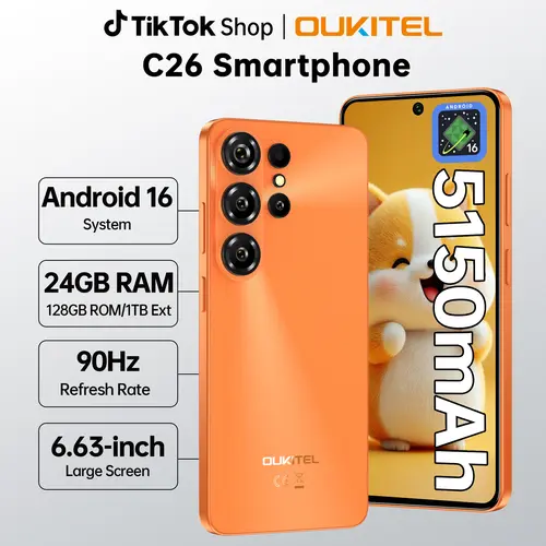 OUKITEL C26 4G Unlocked Mobile Phone - Android 16, 24GB RAM(6+18GB)+128GB ROM, Unisoc T615 Octa-Core, 6.63-inch LCD HD+90Hz Display, 5150mAh Battery, 64MP+5MP+13MP AI Scene Camera, 185g, Dual SIM, GPS, OTG, Type-C USB, T-Mobile Compatible