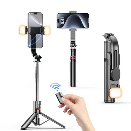 7-Section Telescopic Mobile Selfie Stick with 360° Rotation, 2 Fill Lights, Remote Control, Adjustable Telescoping Tripod & Monopod - Cable-Connected for Smartphones, Tripod for iPhone, Vlogging/Landscape Use