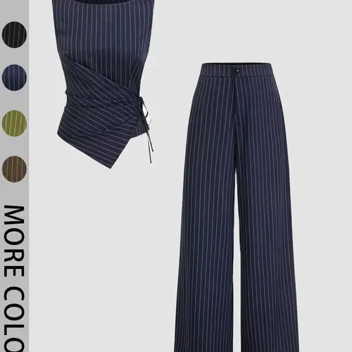 Women's Striped Tie Side Adjustable Vest and Straight-Leg Pants Set, Elegant Slim-Fitting Outfit for All Seasons