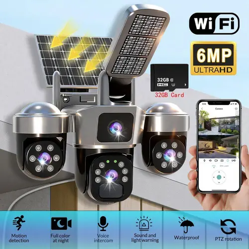 Toolupgrade 6MP Ultra HD 1080P Solar WiFi Security Camera with 120° Wide Detect, 30fps Smooth Recording, Spotlight, Dual Lenses, PIR Motion Detection, Color Night Vision, Waterproof, Automatic Tracking, Rechargeable, Remote Viewing for Garage, Home, Farm