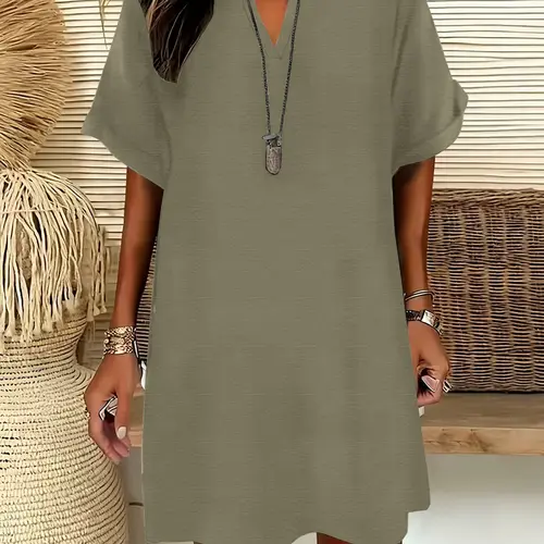 Women's Simple Solid-Color V-Neck Short-Sleeve Midi A-Line Dress, Loose-Fitting Retro Casual Summer Style for All Seasons, Womenswear