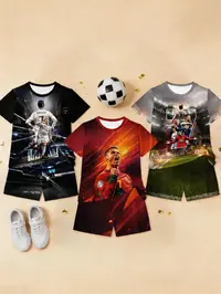 C Ronaldo Theme Kids Sports 3-Piece Set, Short Sleeve Shorts Football Training Gear, Soccer Clothes, Fashion Outdoor Wear, Birthday Gift, Holiday Gift