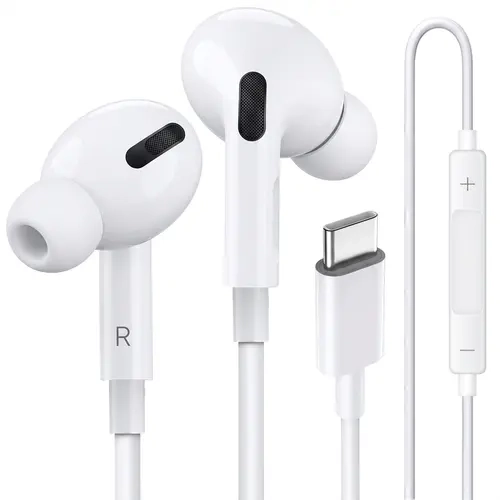 USB C Wired In-Ear Headphones with Button, Microphone, Clip & Cord - Compatible with iPhone 17 Pro Max/16 Pro/16e/16 Plus/15 Pro/15 Plus, Samsung Z Fold & Other Digital Devices