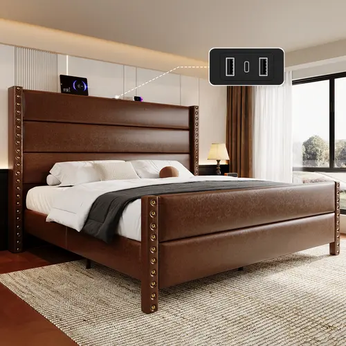 Belffin Upholstered Bed Platform - Queen/King Size, 55" High Wingback Headboard, Faux Leather, 25.6" Footboard, Big Rivets, Storage, USB Port, Noise-Free Heavy-Duty Frame, Vintage Apartment Furniture, Christmas Gift [tiktokshopbacktoschool][SohoChic]