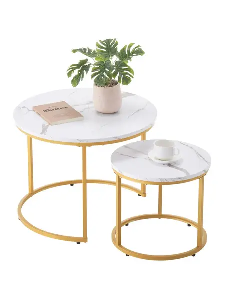VEVOR Nesting Coffee Table Set of 2, 23.6 in Round Coffee Table, Nesting Tables for Small Place, Vintage End Side Tables Night Stand with Metal Frame, for Living Room, Bedroom, Office (White & Gold)#SohoChic