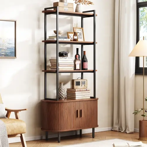 【Black Friday】ONBRILL 71" Tall 4-Tier Mid-Century Contemporary Wood Bookshelf - Curved Shelves, Storage Cabinet, Sliding Door, Adjustable Footpads - Freestanding Living Room Apartment Furniture, Books Organizer, Shelves for Bedroom