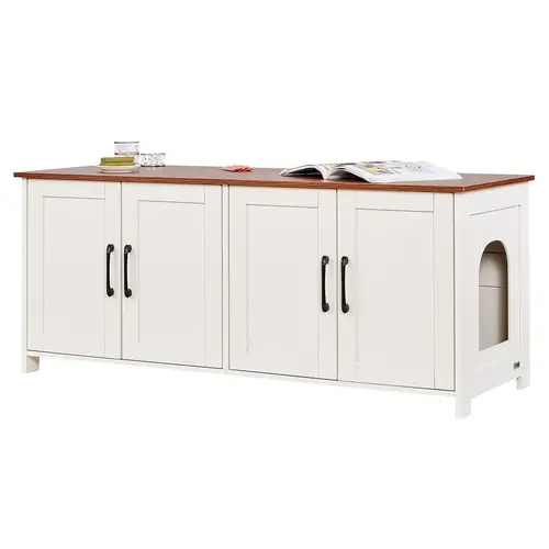 VEVOR MDF Hidden Litter Box Enclosure for Multi Cats, 47.24 × 17.72 × 19.69 In Stylish Wooden Cabinet with 4 Rattan Airflow Doors & 2 Entries, Indoor Cat Washroom with Storage, Fits Most Models for Comfortable Litter Experience, Brown & White#SohoChic