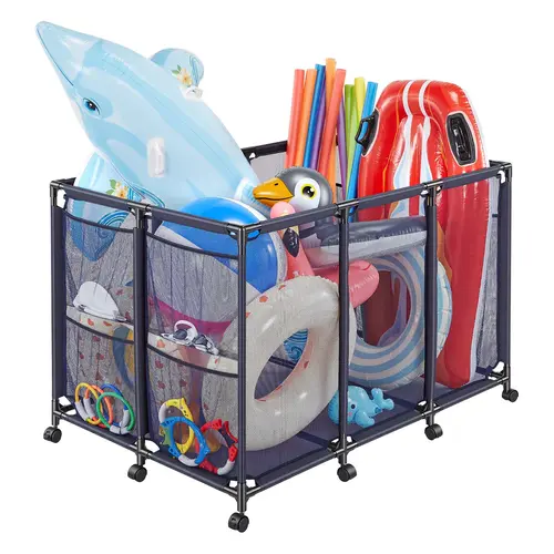 【FathersDayGift】VEVOR Pool Storage Bin, 48.8 x 32.7 x 32.7 in, Rolling Pool Float Storage Organizer with Side Pockets & Casters, Heavy Duty Metal Frame, Poolside Toys Noodles Holder Mesh Basket for Swimming Pools