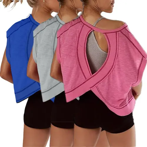 Women's 3-Pcs Cotton Crop Tees - Oversized Short Sleeve, Open Back, Crew Neck, Casual Athletic Activewear for Gym, Yoga, Running, Sohochic Streetwear
