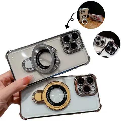 Luxury Electroplated Magnetic Stand Cellphone Case - High-Quality TPU, 4-Corner Airbag Pads, Durable Shockproof Protective Minimalist Glossy Finish Casing, Snug Cutouts Full Coverage for iPhone 17/16/15/14/13/12/11 Pro/XS Max Handheld Devices