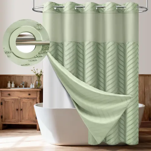 Hookless Shower Curtain with Snap-in Liner, Textured Bathroom Curtain Set, Built-in Plastic Rings, Water-Repellent Polyester Fabric, Machine Washable, 71 x 74 in
