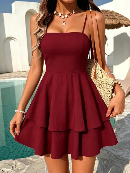 Women's Summer Daily French Vacation Style Square Neck Tie Back Mini Sleeveless Cami Dress Home Work Outdoor City Regular Trend Casual Elegant Youth Simple Versatile Texture Temperament Literary Art
