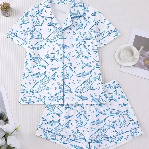 Women's 2-Piece Pajama Set, Pyjamas, Pj Sets, Ocean Theme Shark Whale Print, Casual Fitted Sleepwear Loungewear, Comfortable Short Sleeve Top & Elastic Shorts, Home Wear