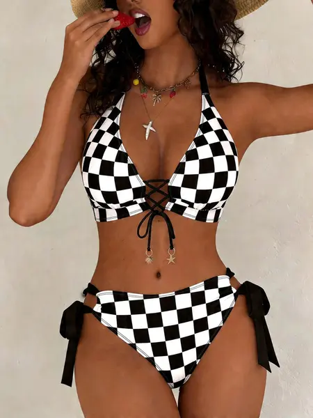 New Plaid Print High-End Women's Bikini Set, Fashionable Sexy Adjustable Front Tie Design, Beach Swimwear