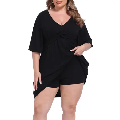 HDE Women's Plus Size Romper Dress Summer Flutter Sleeve Mini V-Neck Boho Dress Romper with Built in Shorts and Pockets outdoorfun