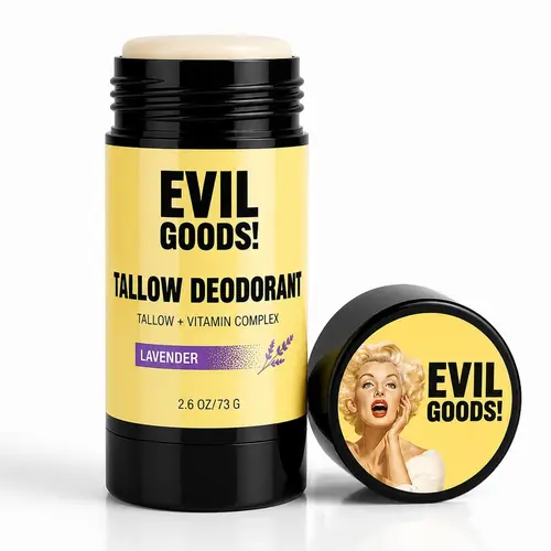 EVIL GOODS Natural Tallow Deodorant – Aluminum & Baking Soda Free Stick for Sensitive Skin – Grass-Fed Beef Tallow with Kaolin Clay & Vitamin E – 2.6oz