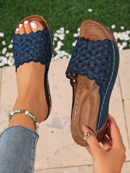 Women's Hollow-Out Embroidered Flower Wedge Boho Casual Sandals, Bohemian Summer Soft Sole Rubber Anti-Slip Outdoor Slippers